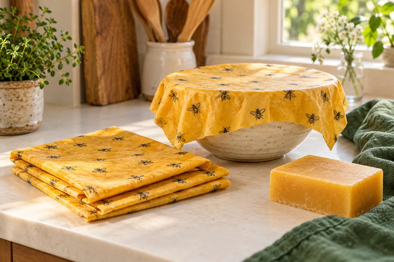 AI illustration of yellow beeswax wraps, a covered ceramic bowl, and a wax block on a kitchen counter