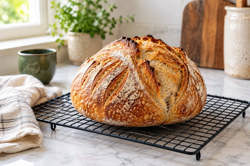 Round sourdough loaf cooling uncovered on a wire rack beside a folded linen towel.