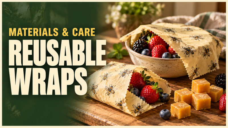 cotton beeswax wraps and beeswax cubes alongside fresh berries