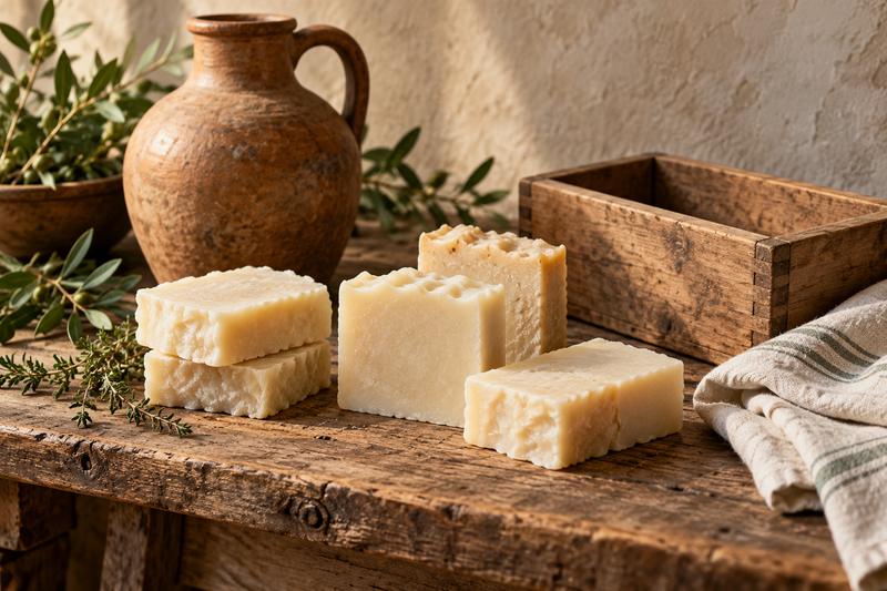 Illustration of rustic soap bars, an oil vessel, and a wooden mold on a traditional workbench