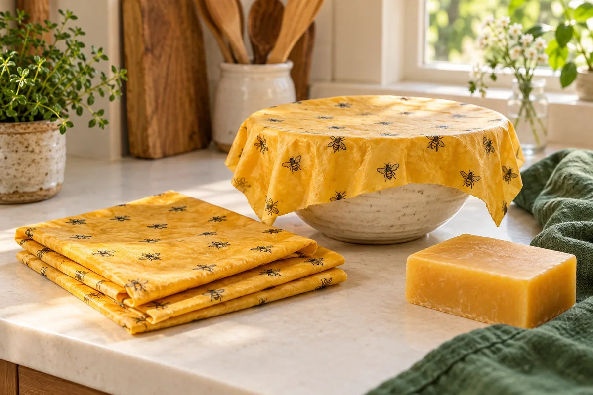 AI illustration of yellow beeswax wraps, a covered ceramic bowl, and a wax block on a kitchen counter