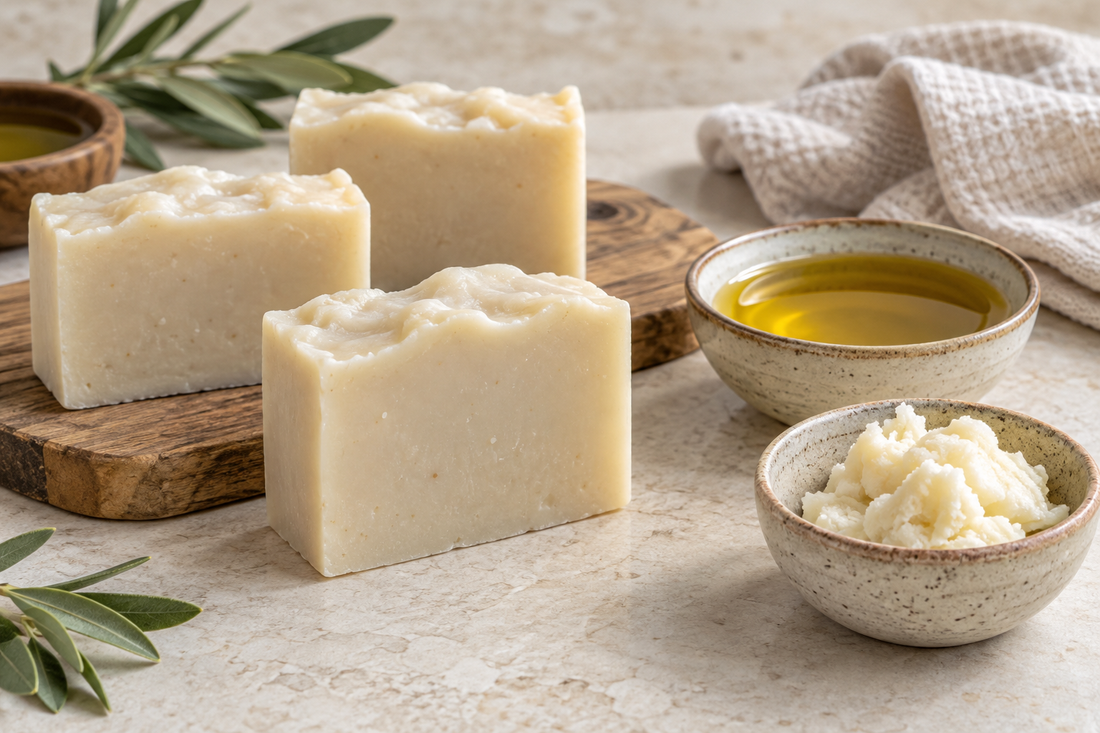 Illustration of simple handmade soap bars with oil and shea butter ingredients arranged nearby