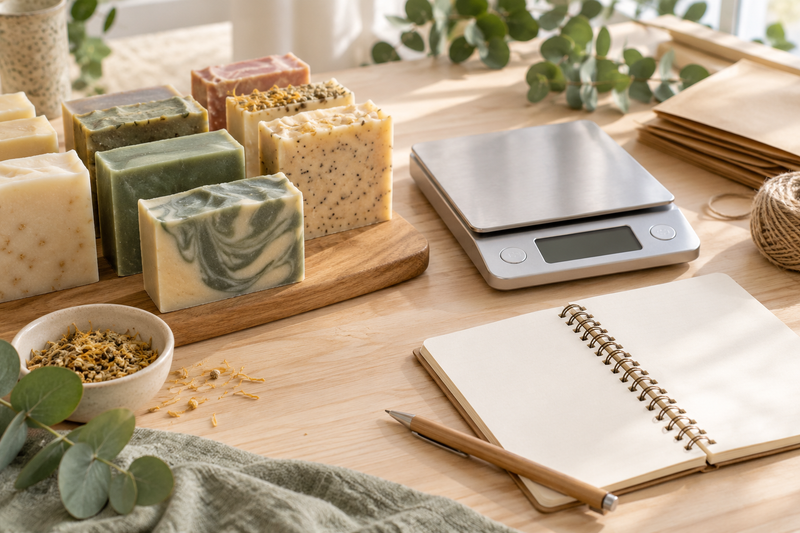 Illustration of handmade soap bars beside a scale, kraft wrapping paper, and a blank notebook