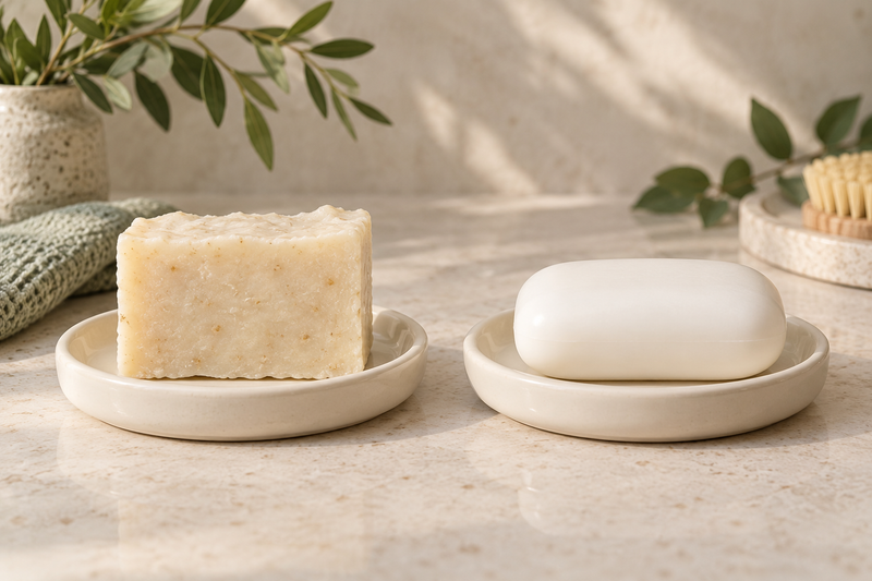 Illustration comparing a rustic handmade bar with a smooth plain cleansing bar