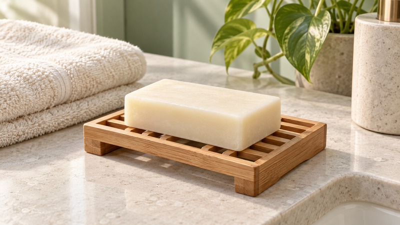 Illustration of a soap bar drying on a slatted dish beside a folded towel