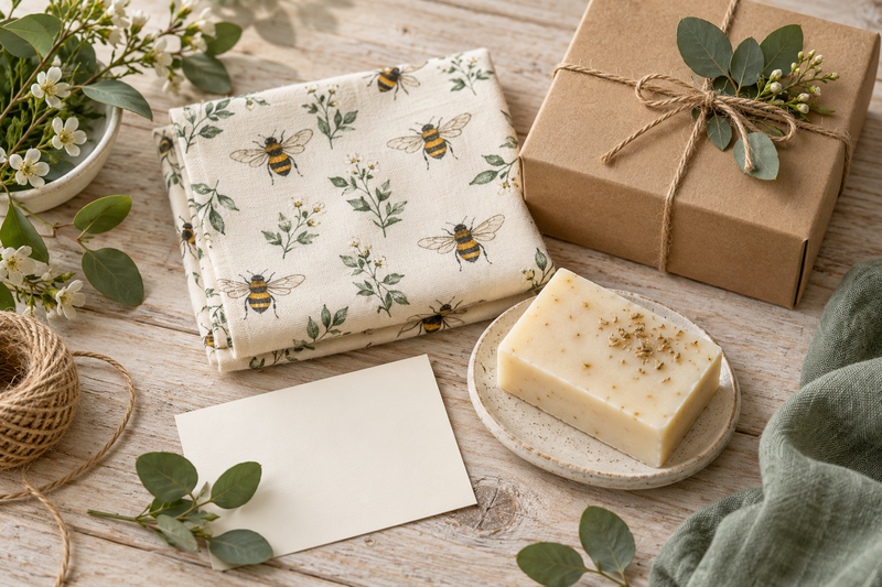 Illustration of a handmade soap gift, a folded cotton wrap, and a blank shopping list