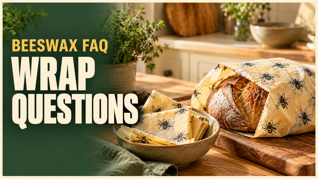 beeswax wrapped bread and bowl with folded wraps on kitchen counter