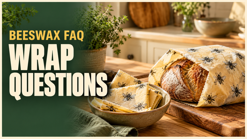 beeswax wrapped bread and bowl with folded wraps on kitchen counter