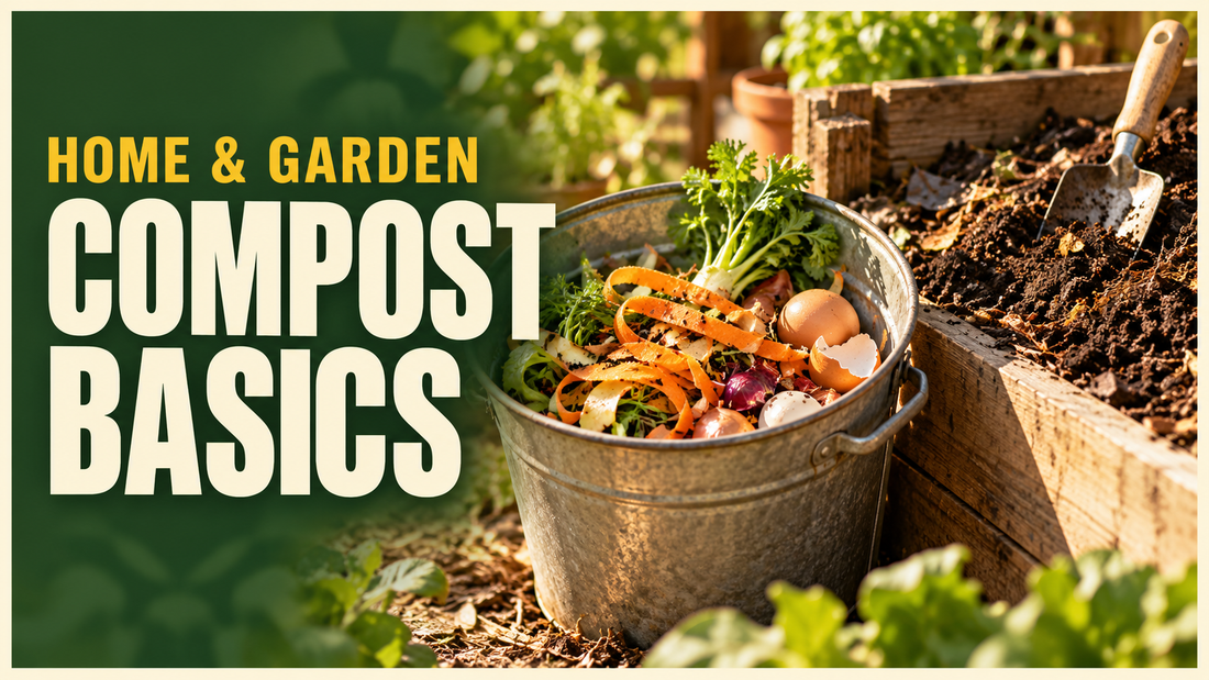 vegetable peelings compost bucket and finished compost in a garden