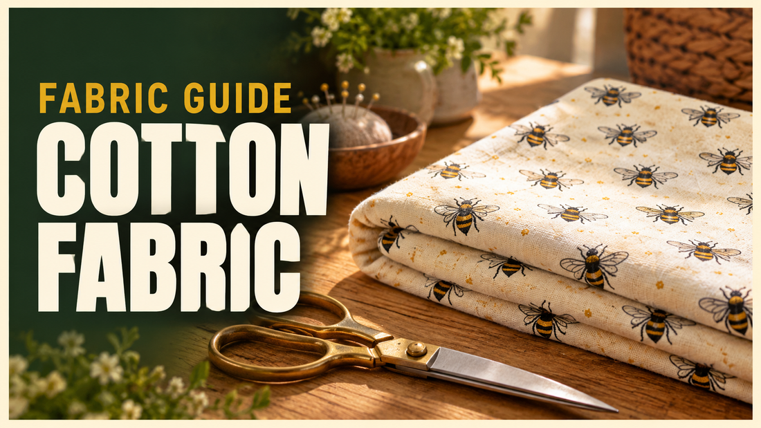 folded tightly woven cotton fabric with bee print and fabric scissors