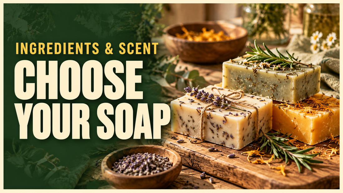 several handmade soap bars with herbs on a warm wooden surface