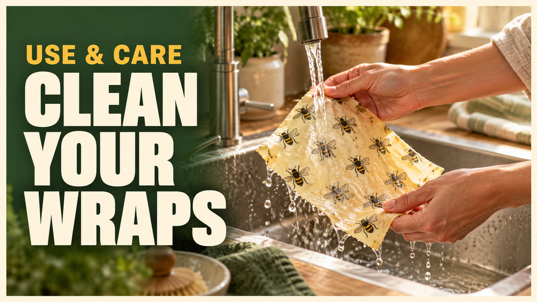 adult hands gently rinsing a bee print wrap with cool water in kitchen sink