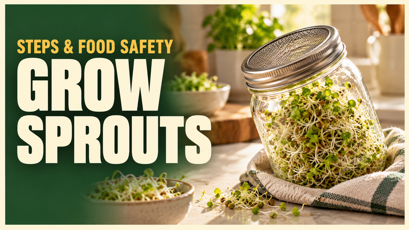 sprouting jar with mesh lid and green sprouts on bright kitchen counter