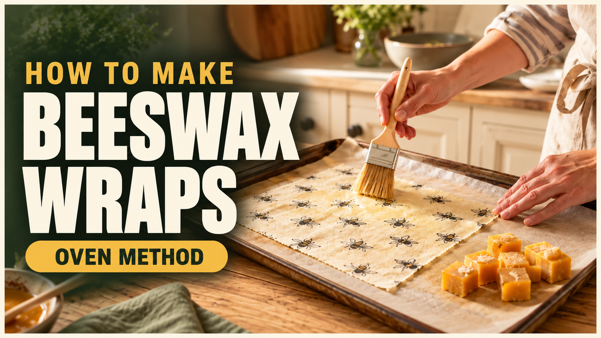 adult hands brushing bee-print fabric on tray with beeswax cubes nearby