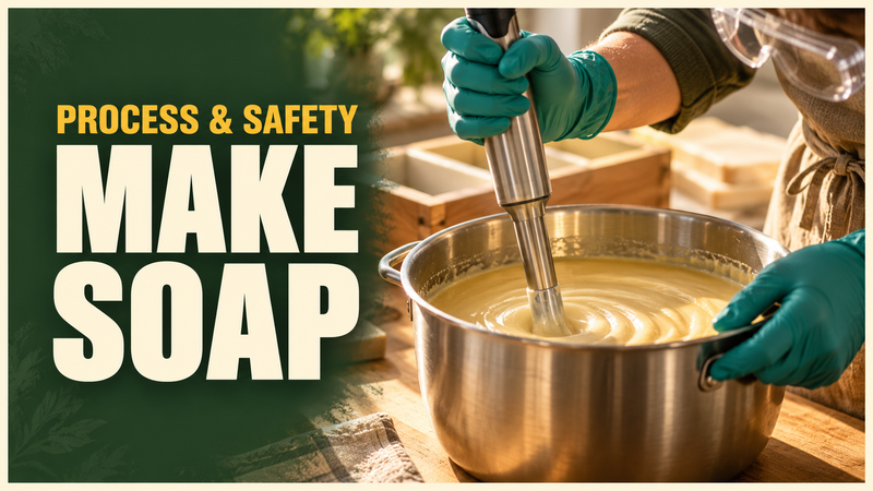 adult gloved hands and eye protection mixing soap batter in stainless steel container
