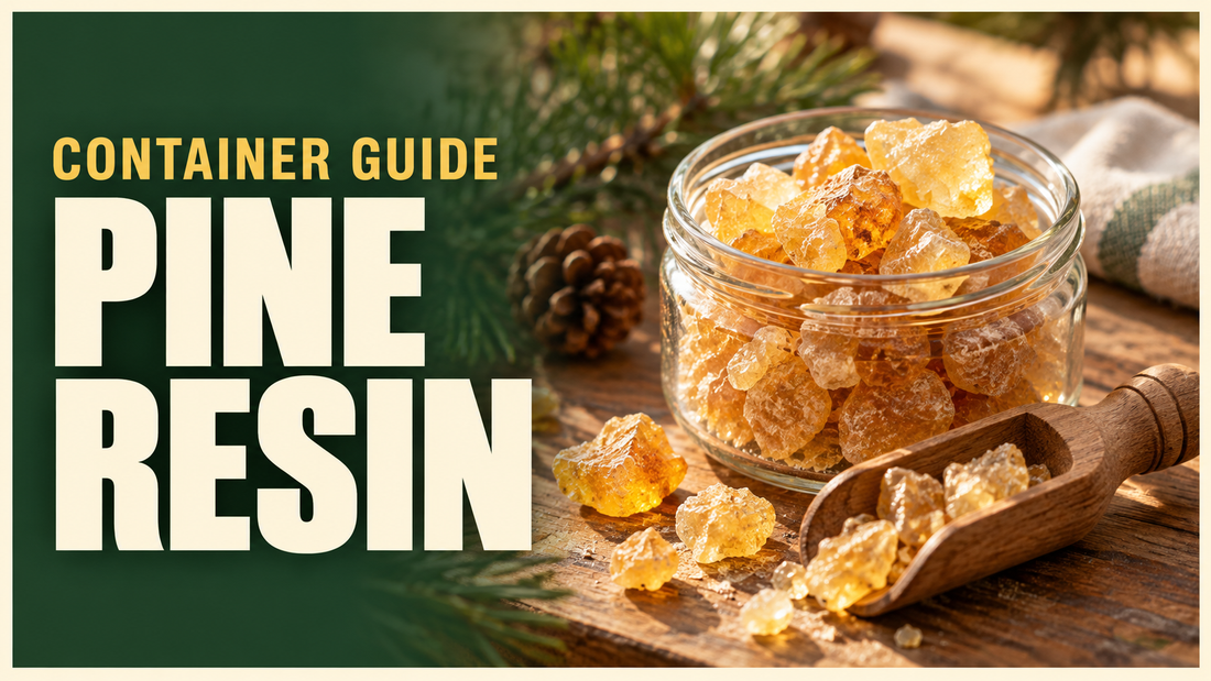 pine resin chunks in an open plain container with wooden utensil