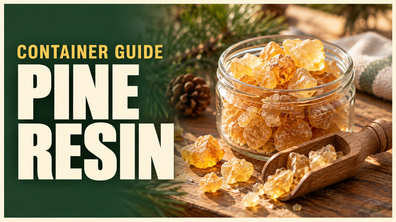 pine resin chunks in an open plain container with wooden utensil