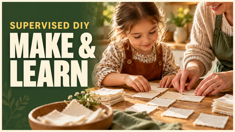 adult and child arranging unheated cotton squares at a craft table no hot wax