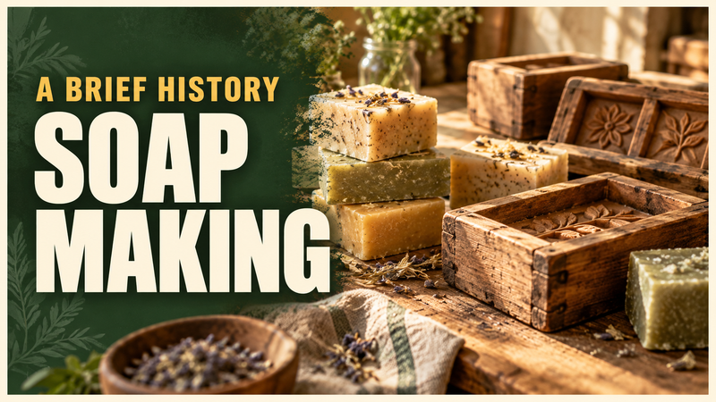 rustic soap blocks and vintage wooden soap molds on a workbench