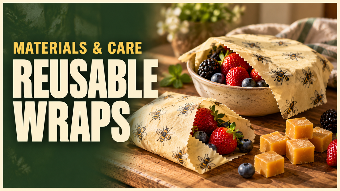 cotton beeswax wraps and beeswax cubes alongside fresh berries
