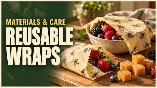 cotton beeswax wraps and beeswax cubes alongside fresh berries
