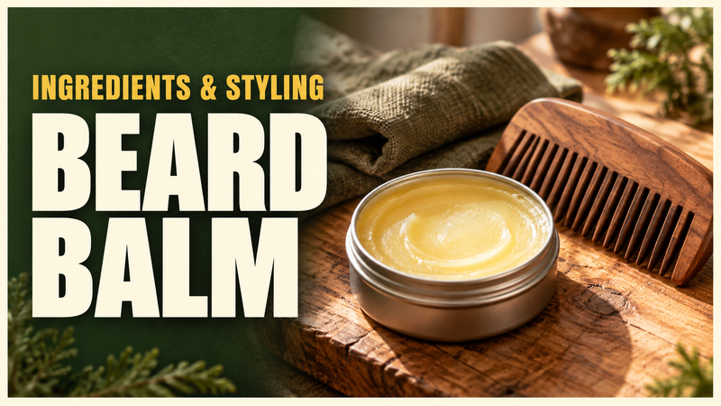 plain open balm tin wooden beard comb and folded linen