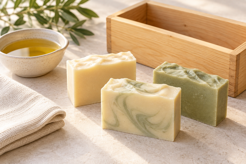 Illustration of plain artisan soap bars with a wooden mold and oil in a ceramic bowl