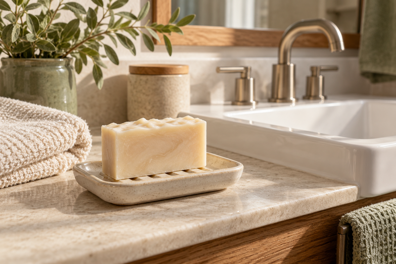 Illustration of an unbranded handmade soap bar and folded washcloth beside a bright sink
