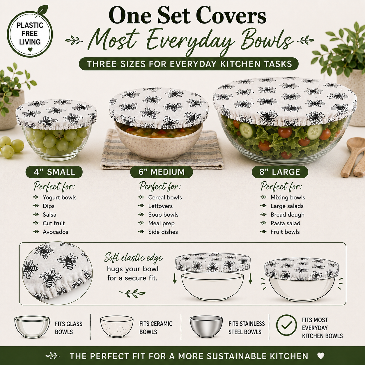 Reusable Cotton Bowl Covers Set, Sourdough Proofing, Food Storage, Bee Print, Handmade USA