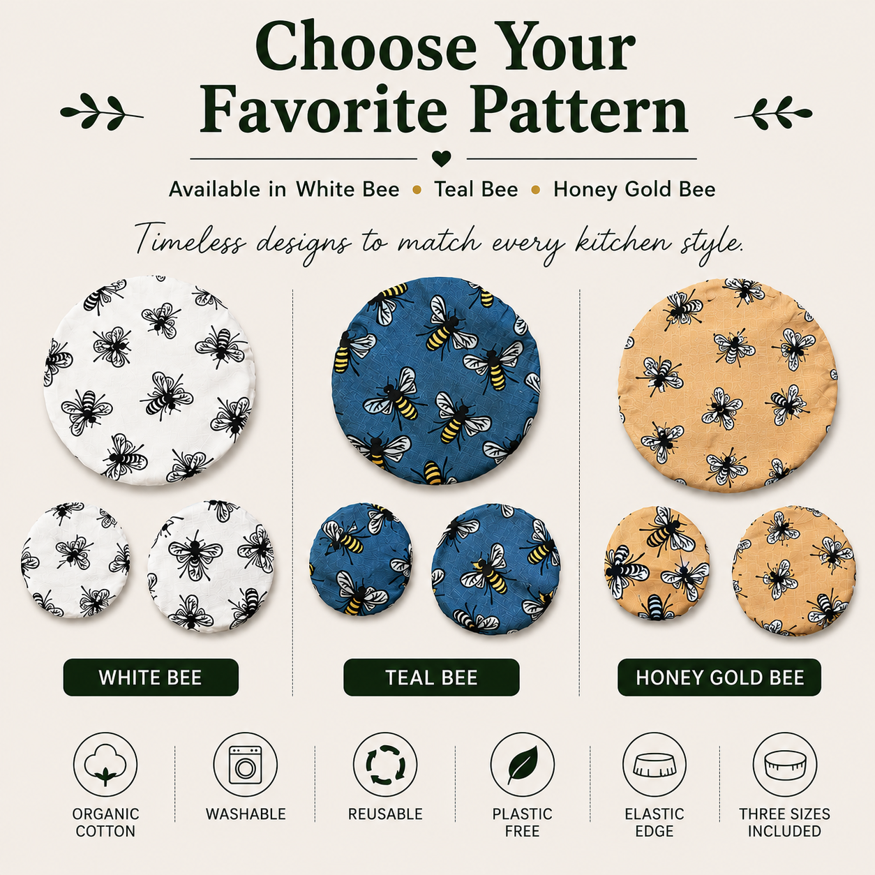 Reusable Cotton Bowl Covers Set, Sourdough Proofing, Food Storage, Bee Print, Handmade USA