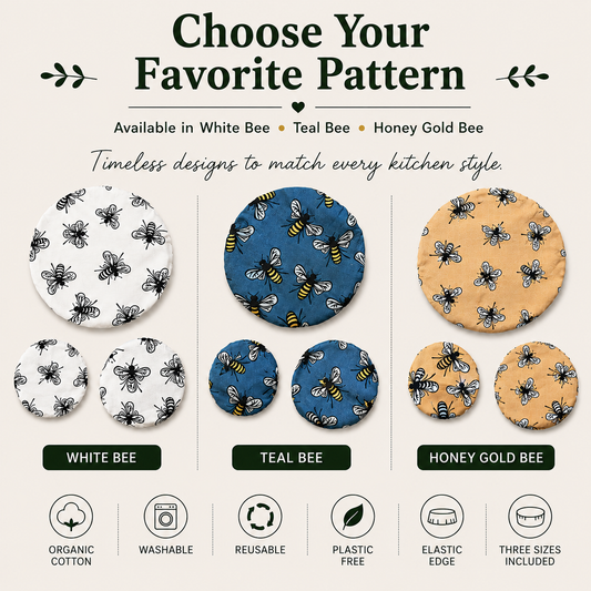 Reusable Cotton Bowl Covers Set, Sourdough Proofing, Food Storage, Bee Print, Handmade USA