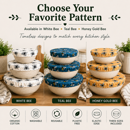 Reusable Cotton Bowl Covers Set, Sourdough Proofing, Food Storage, Bee Print, Handmade USA