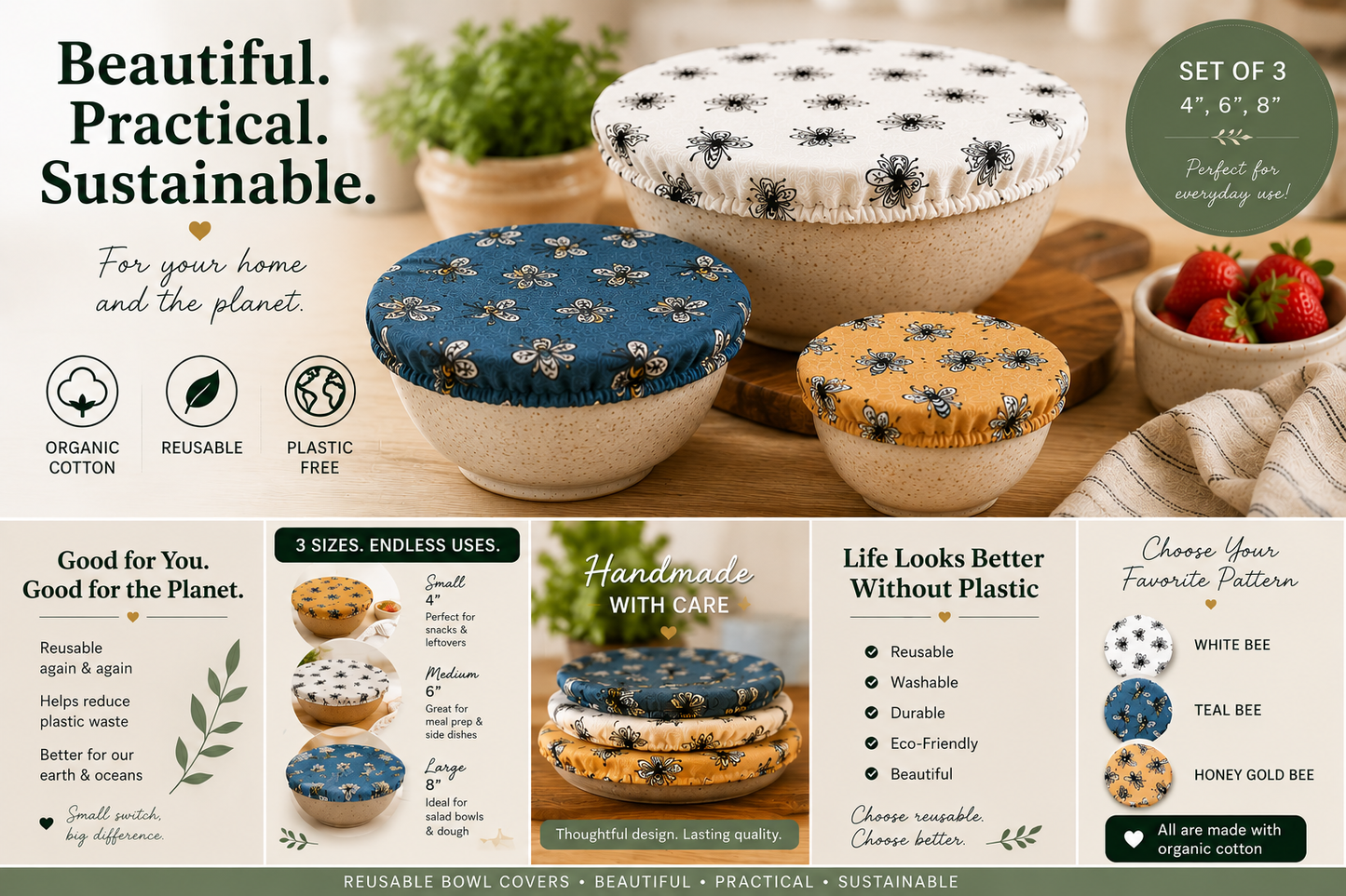 Reusable Cotton Bowl Covers Set, Sourdough Proofing, Food Storage, Bee Print, Handmade USA