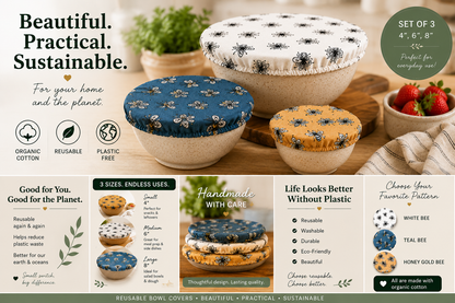 Reusable Cotton Bowl Covers Set, Sourdough Proofing, Food Storage, Bee Print, Handmade USA