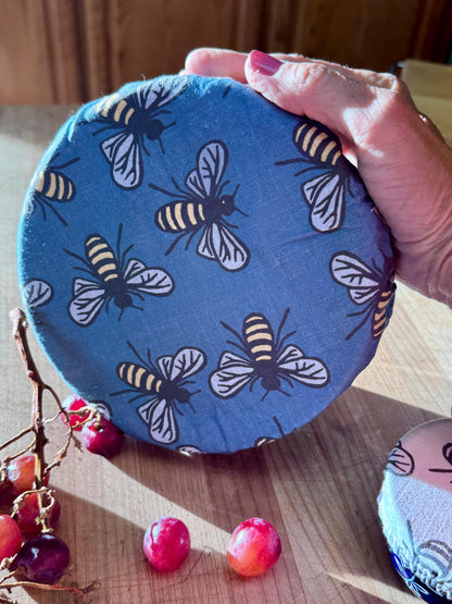 Reusable Cotton Bowl Covers Set, Sourdough Proofing, Food Storage, Bee Print, Handmade USA