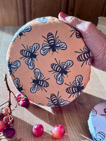 Reusable Cotton Bowl Covers Set, Sourdough Proofing, Food Storage, Bee Print, Handmade USA