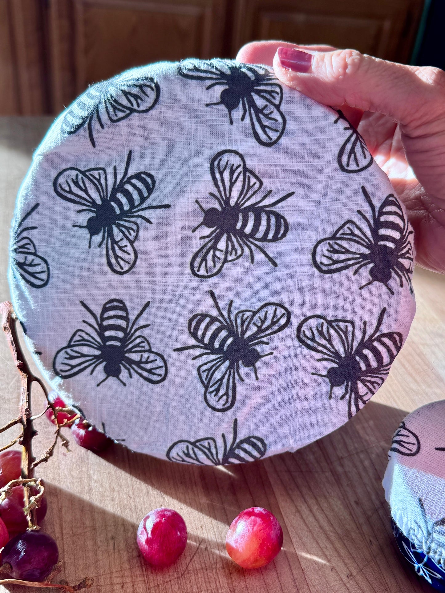 Reusable Cotton Bowl Covers Set, Sourdough Proofing, Food Storage, Bee Print, Handmade USA