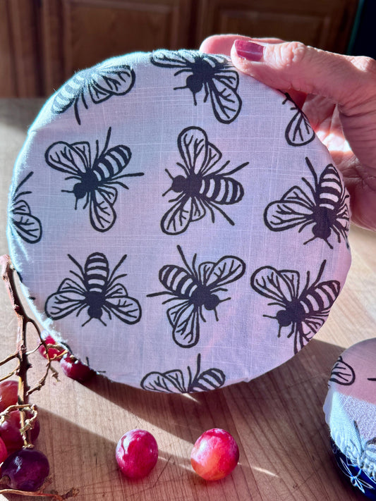 Reusable Cotton Bowl Covers Set, Sourdough Proofing, Food Storage, Bee Print, Handmade USA