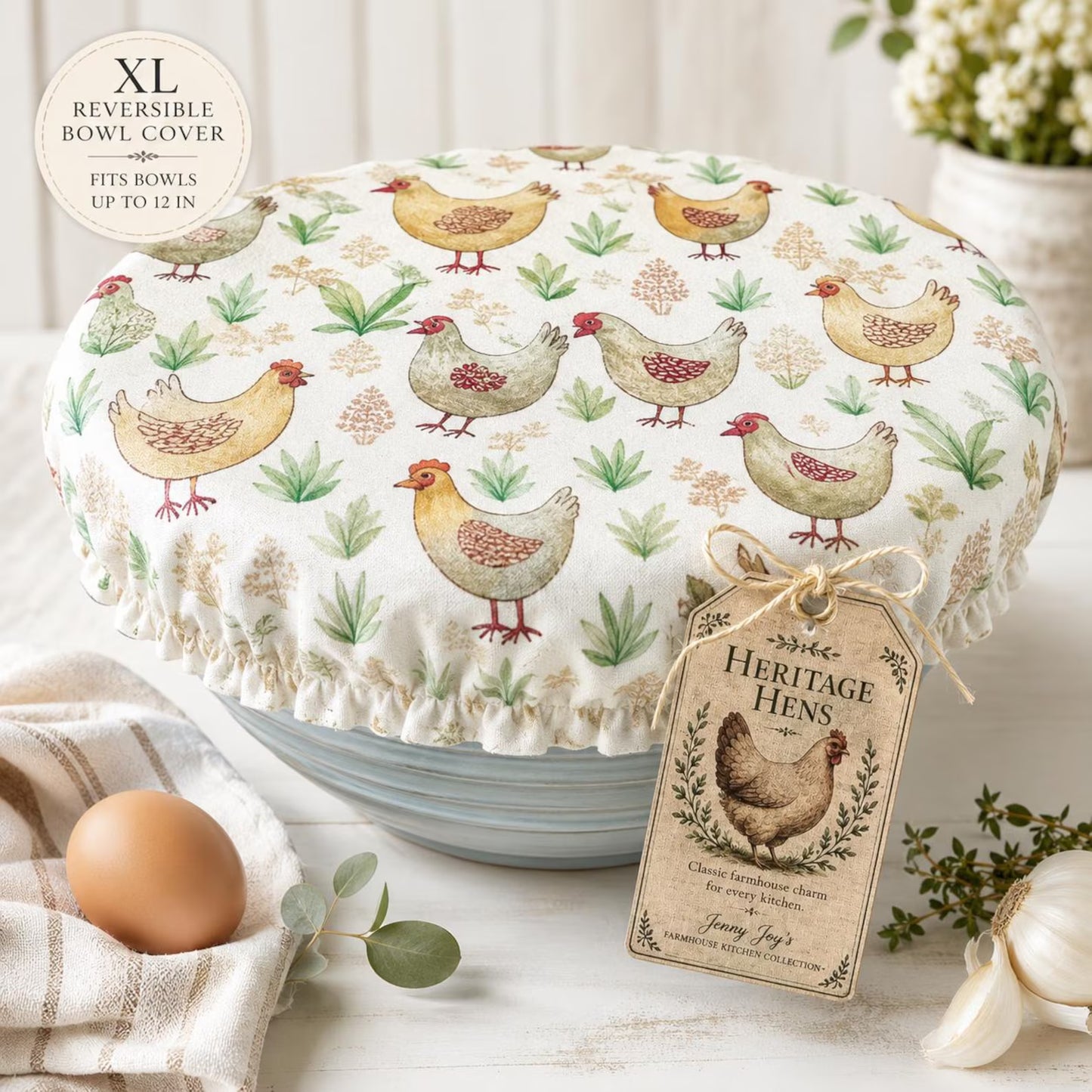 XL Reversible Fabric Bowl Cover – 12" Farmhouse Chicken Prints