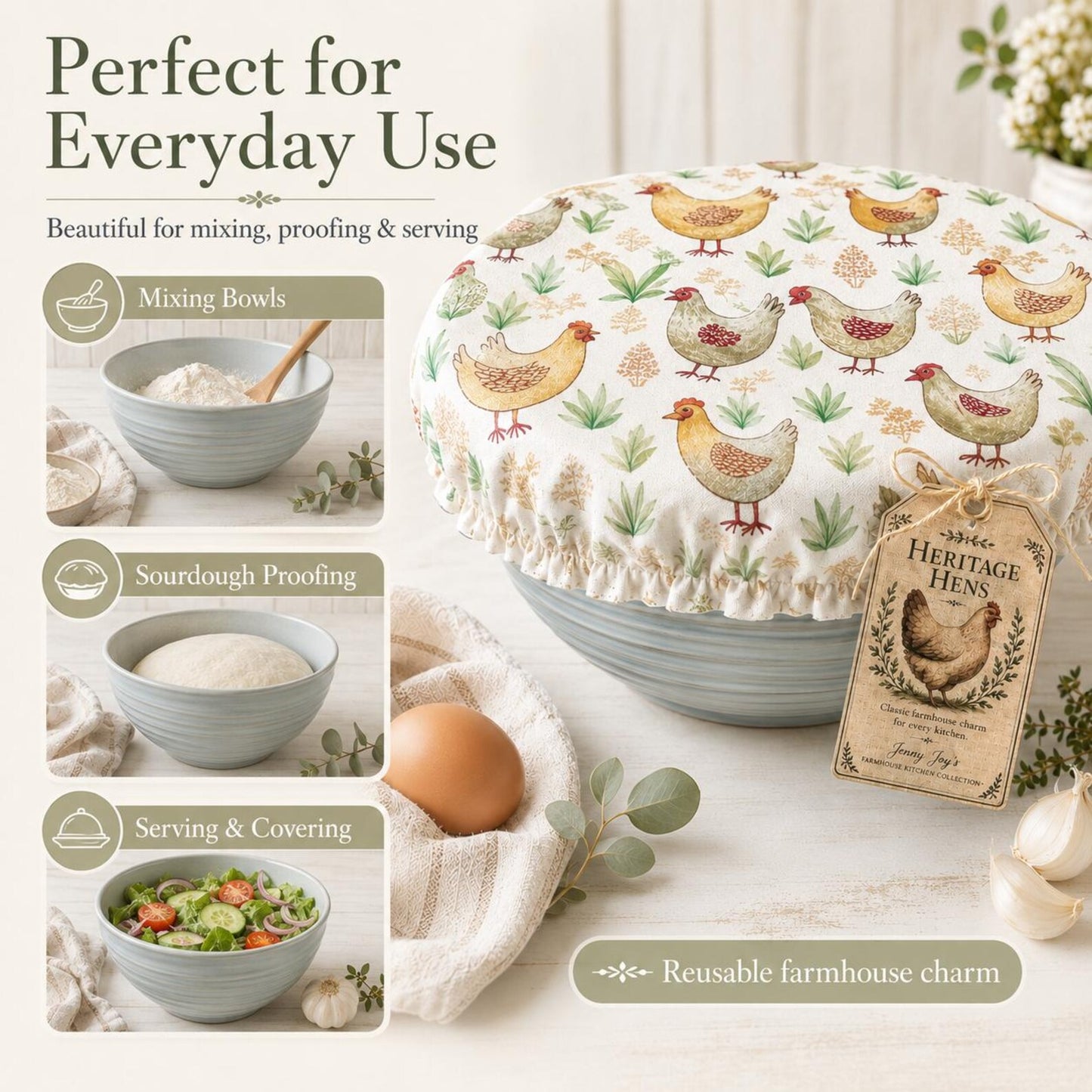XL Reversible Fabric Bowl Cover – 12" Farmhouse Chicken Prints