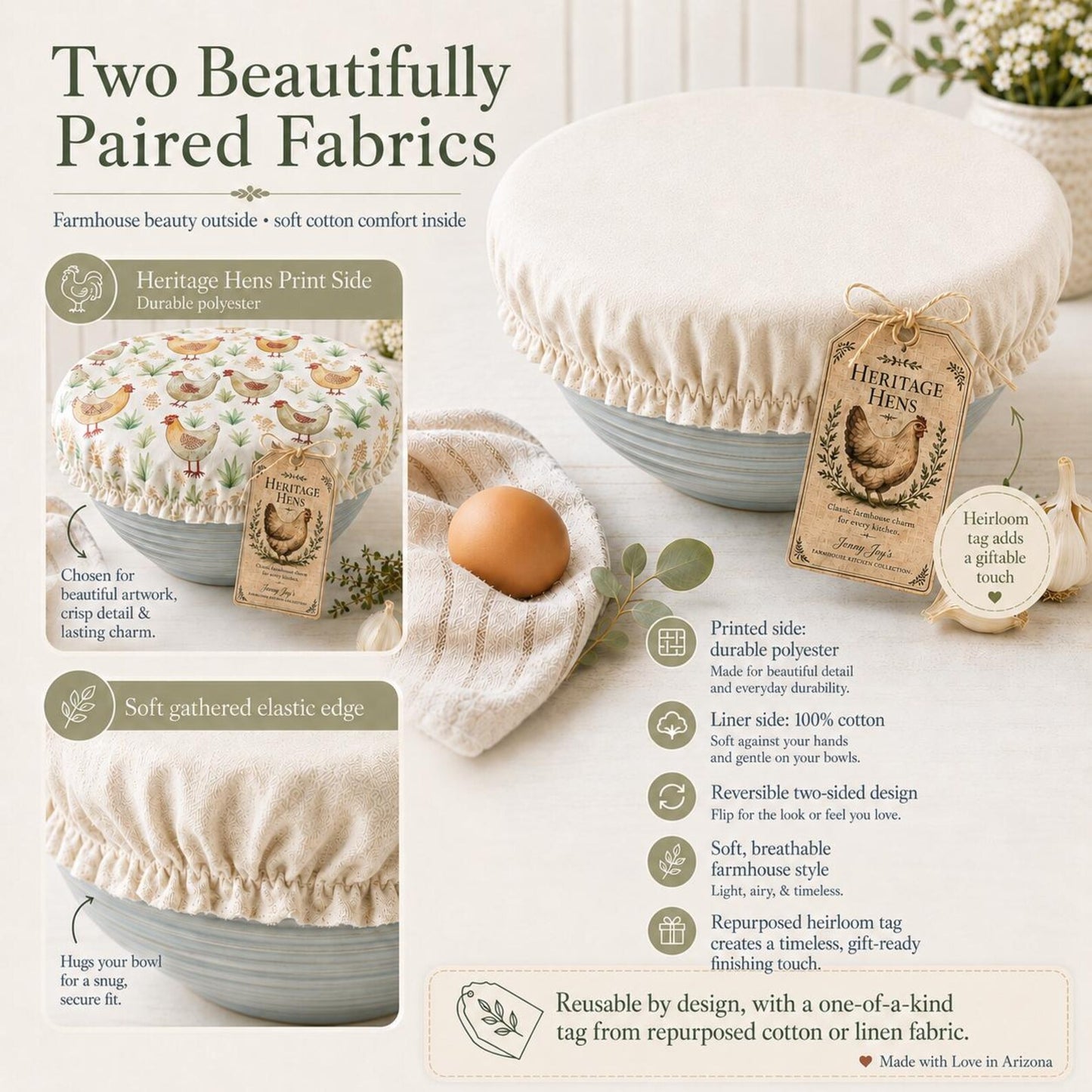 XL Reversible Fabric Bowl Cover – 12" Farmhouse Chicken Prints