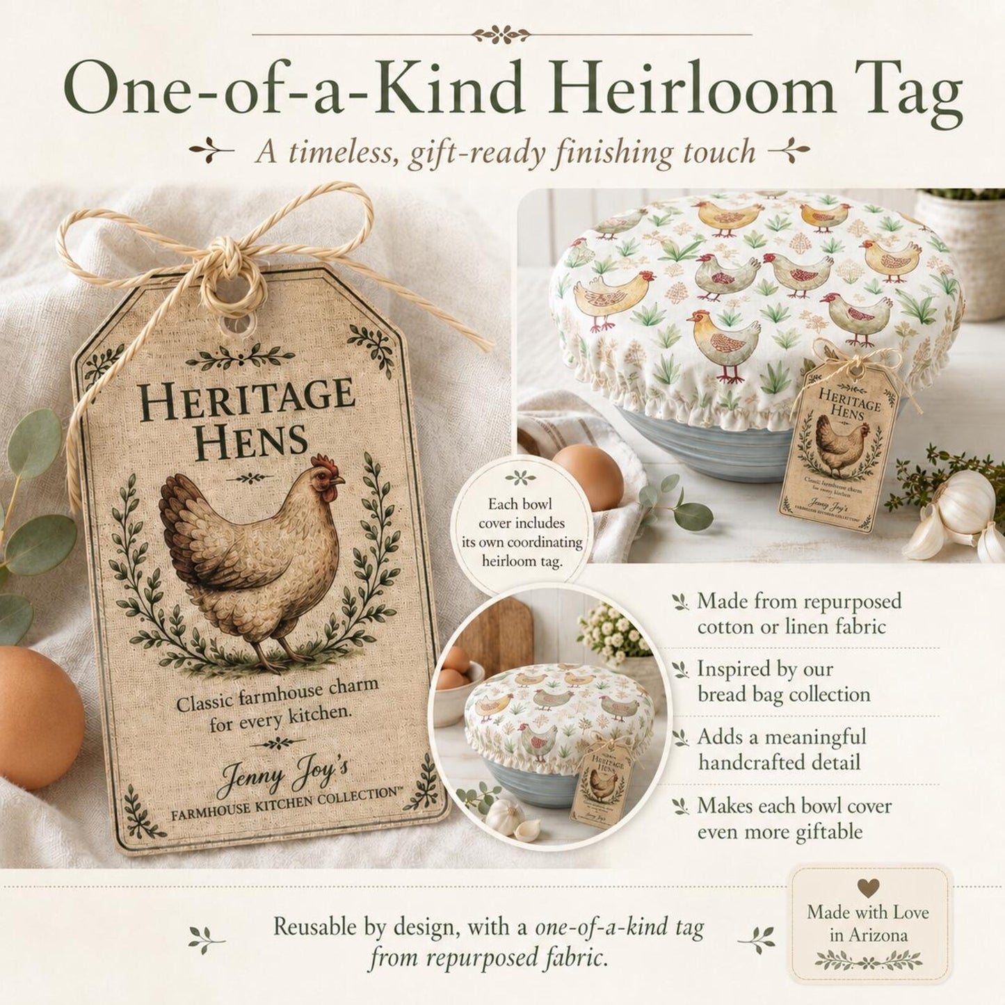 XL Reversible Fabric Bowl Cover – 12" Farmhouse Chicken Prints