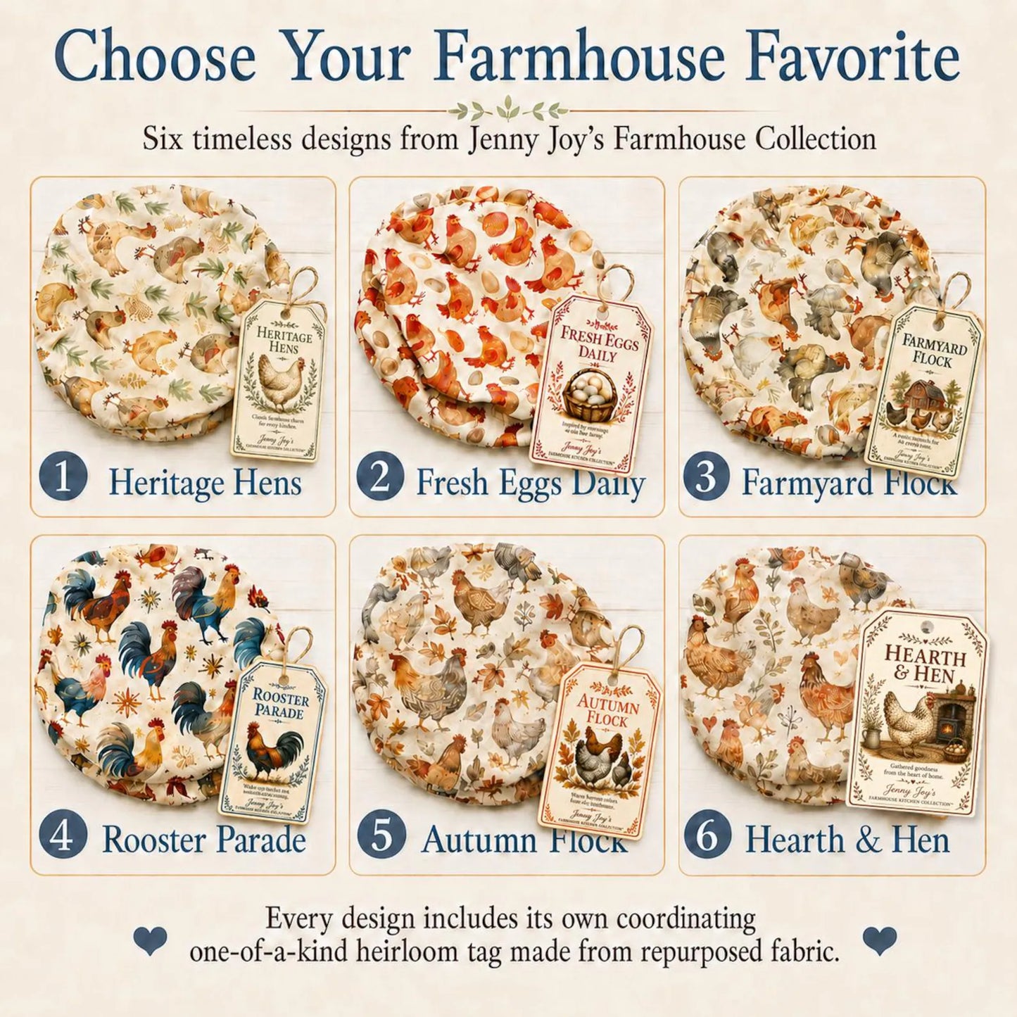 XL Reversible Fabric Bowl Cover – 12" Farmhouse Chicken Prints