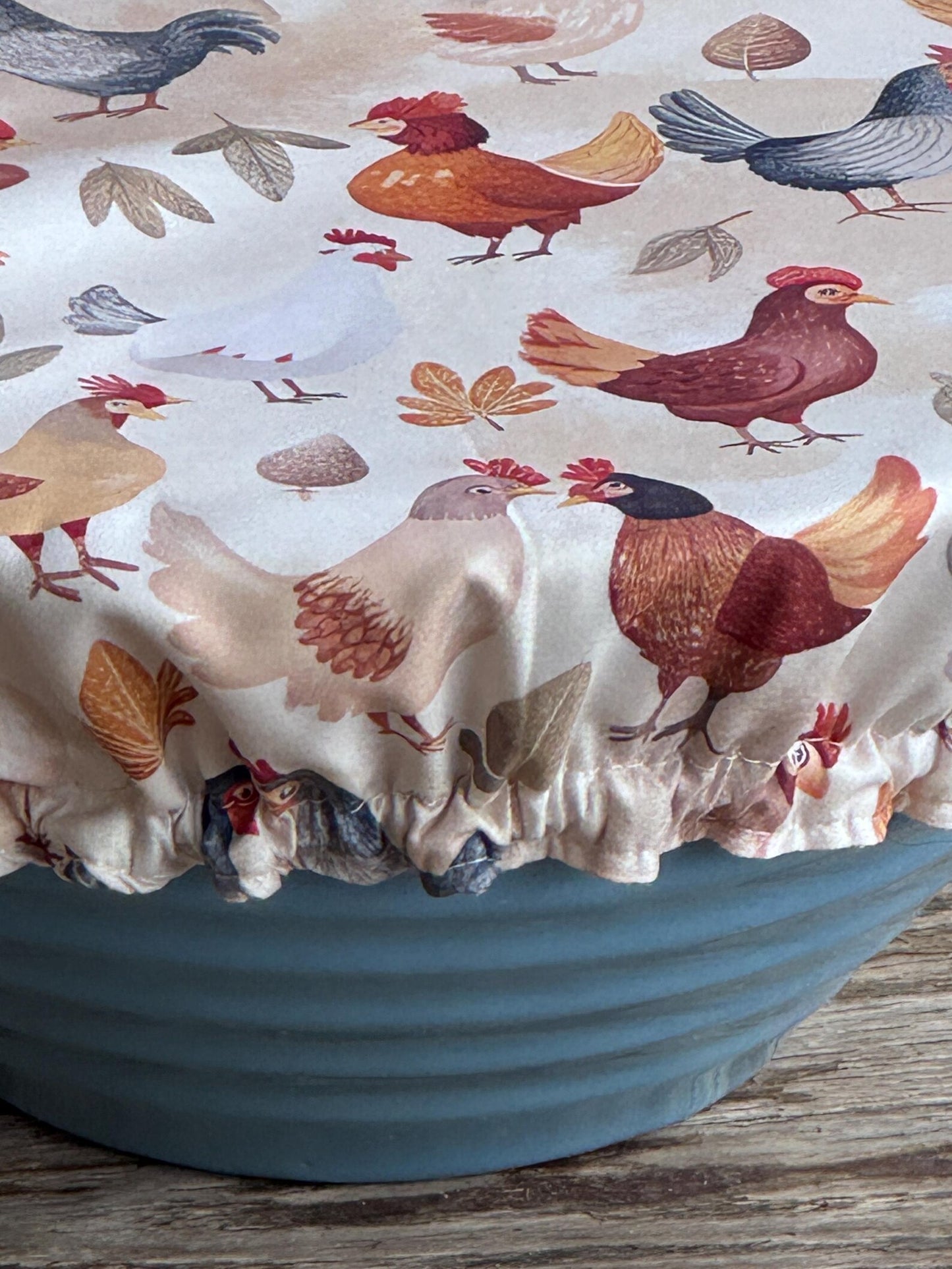 XL Reversible Fabric Bowl Cover – 12" Farmhouse Chicken Prints