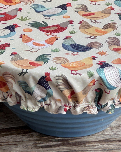 XL Reversible Fabric Bowl Cover – 12" Farmhouse Chicken Prints