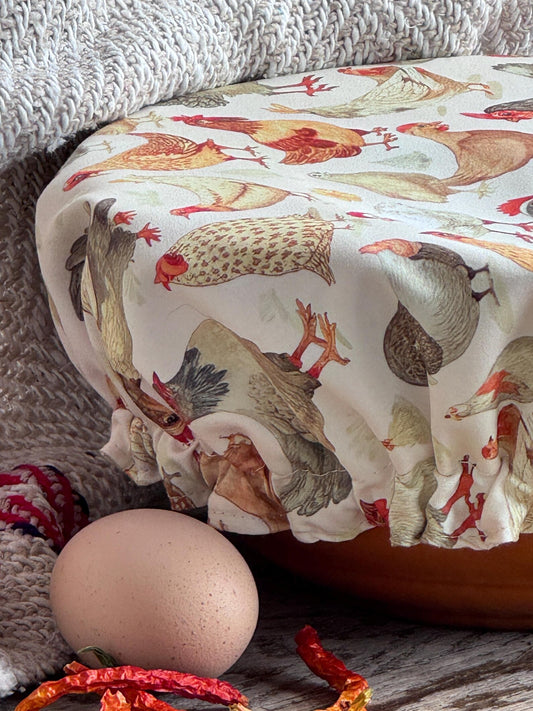 XL Reversible Fabric Bowl Cover – 12" Farmhouse Chicken Prints