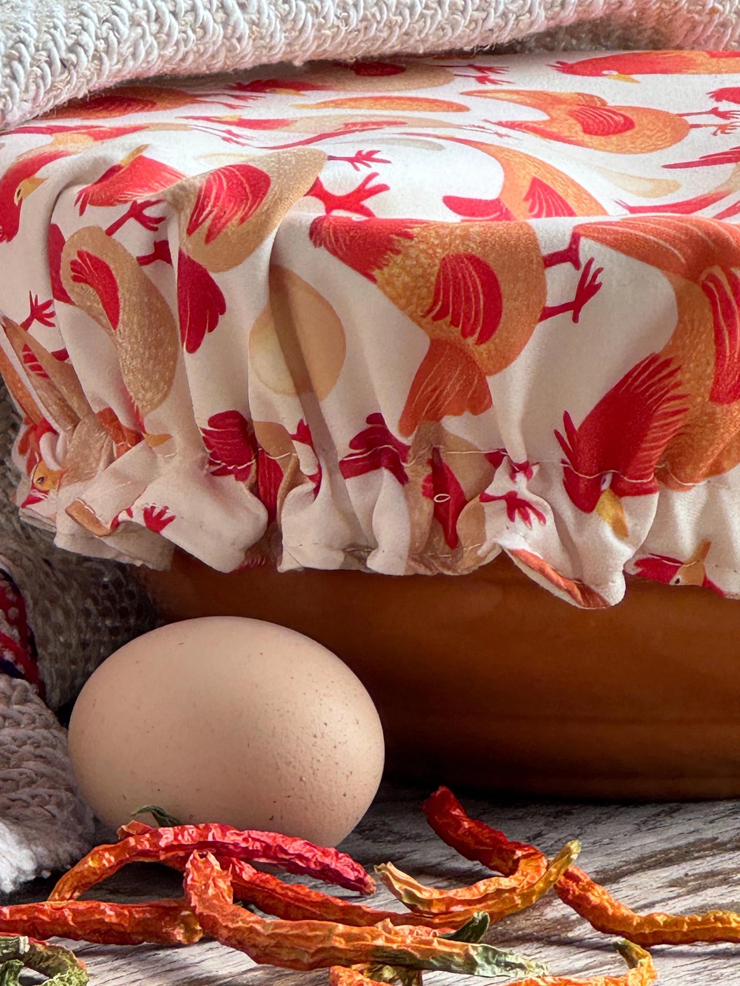XL Reversible Fabric Bowl Cover – 12" Farmhouse Chicken Prints