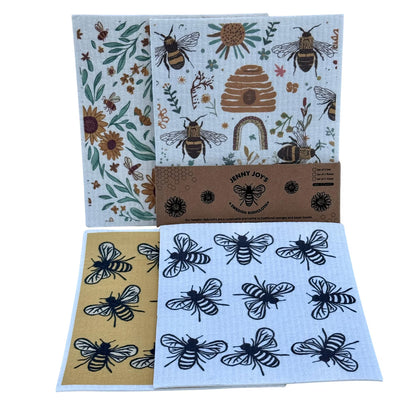 Swedish Dishcloth Set – Reusable Bee & Floral Kitchen Cloths | 2 or 4 Pack