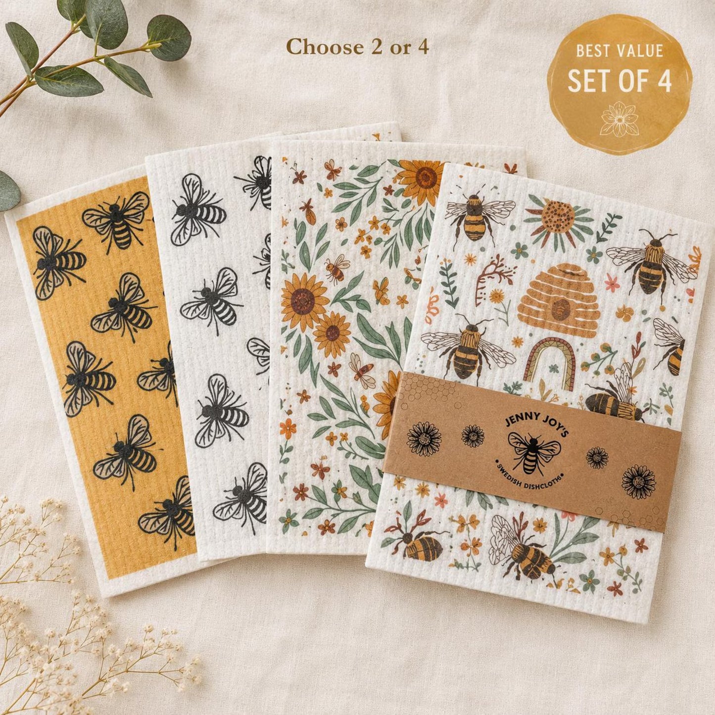 Swedish Dishcloth Set – Reusable Bee & Floral Kitchen Cloths | 2 or 4 Pack