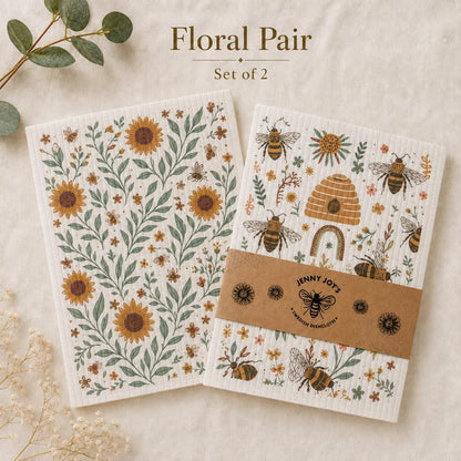Swedish Dishcloth Set – Reusable Bee & Floral Kitchen Cloths | 2 or 4 Pack